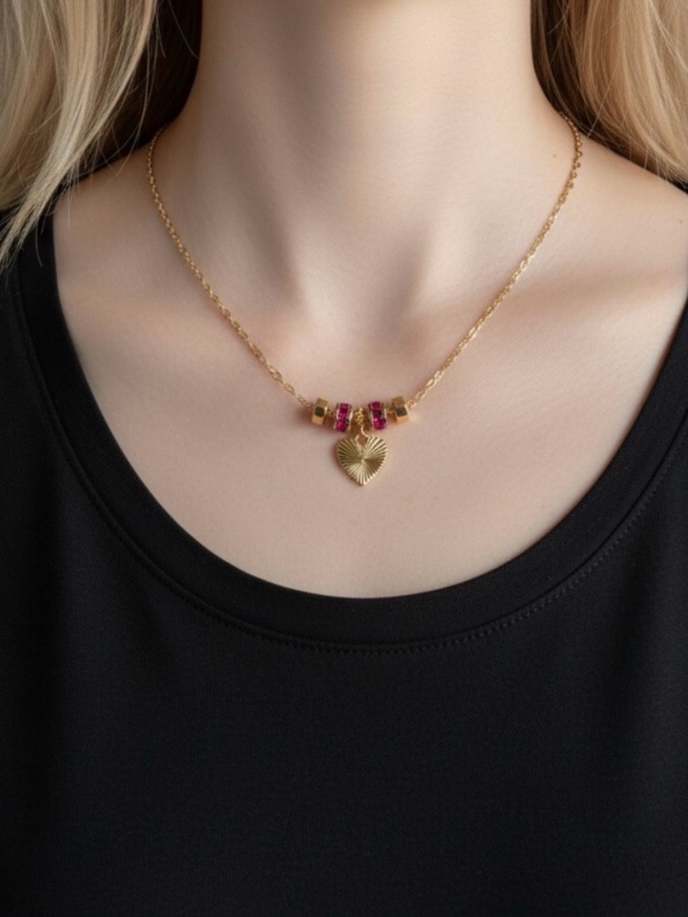 Gold Heart Pendant Necklace with Pink Bead Accents